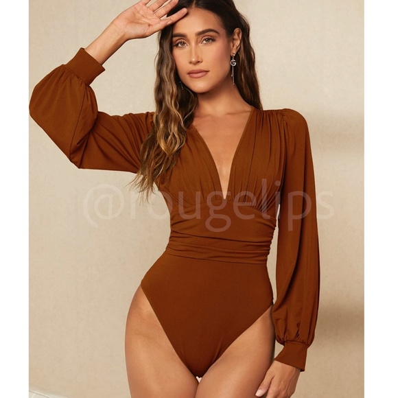 Rouge! Tops - Rusty Brown Elegant V neck Bodysuit Long Bishop Sleeves Stretchy Ruched Waist